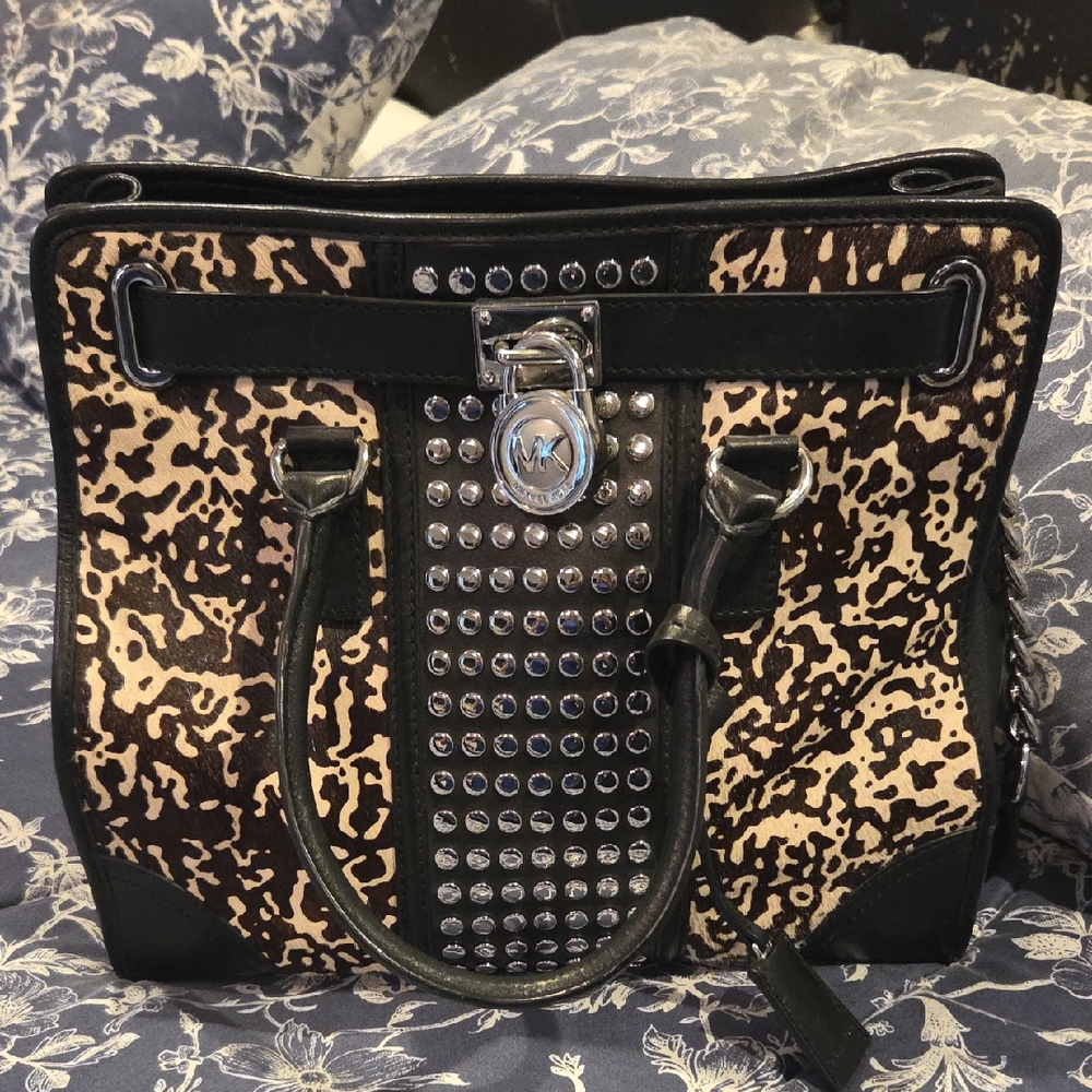 Michael Kors Black and Leopard-Print Studded Satchel